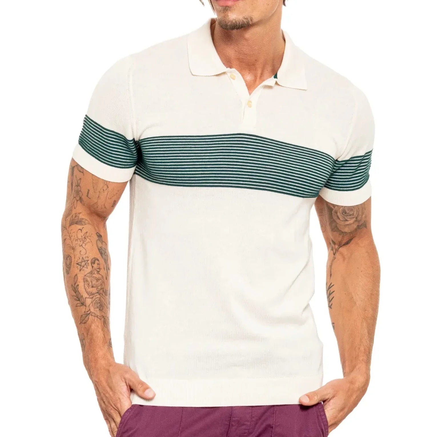 Faire,Eight X, Eight X Cream Green Striped Chest Print Knit Polo, Cream, Large-43-TagLExtra Extra Large-48-TagXXLExtra Large-45-TagXLLarge-43-TagXLLarge-44-TagLMedium-41-TagXL