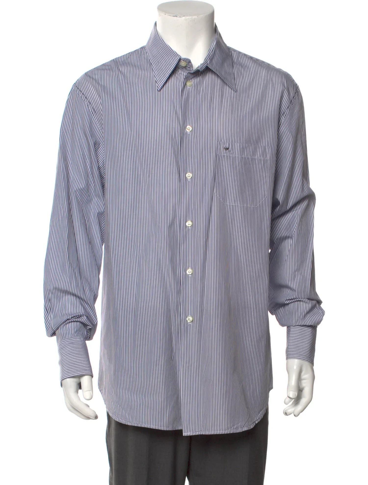 The RealReal,Emporio Armani, Emporio Armani White With Dark Blue Striped Long Sleeve Button Up Shirt With Front Pocket, White, Extra Large-48-TagXXL