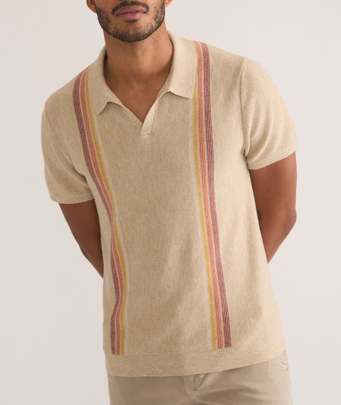 Wholesale,Marine Layer, Marine Layer Tan Sunset Stripe Short Sleeve Sweater Polo, Tan, Large-43-TagL