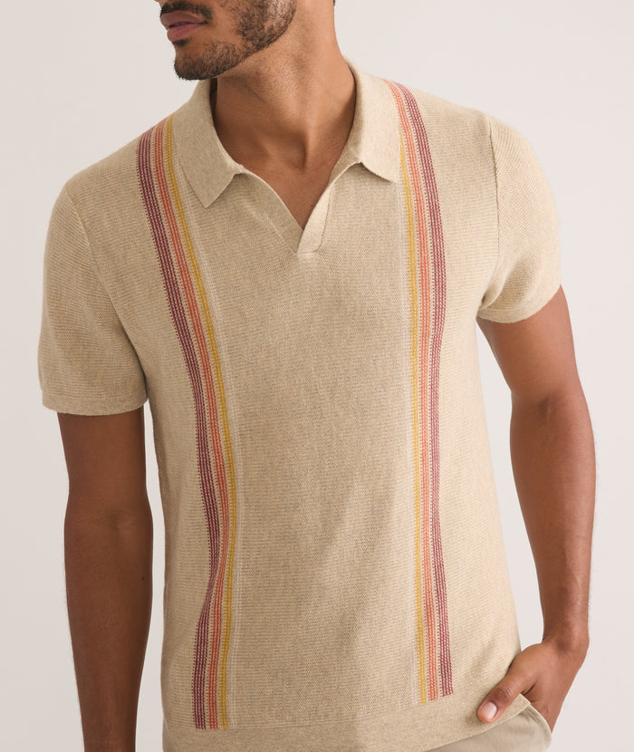 Wholesale,Marine Layer, Marine Layer Tan Sunset Stripe Short Sleeve Sweater Polo, Tan, Large-43-TagL