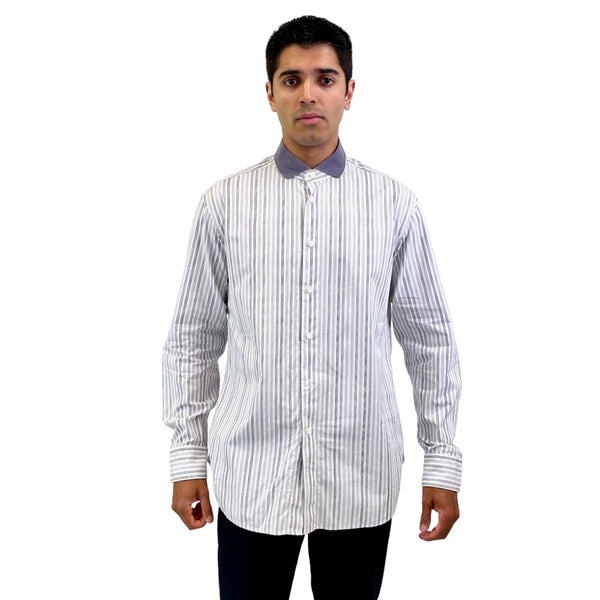 Brioni White Striped Button Up With Grey Contrast Collar