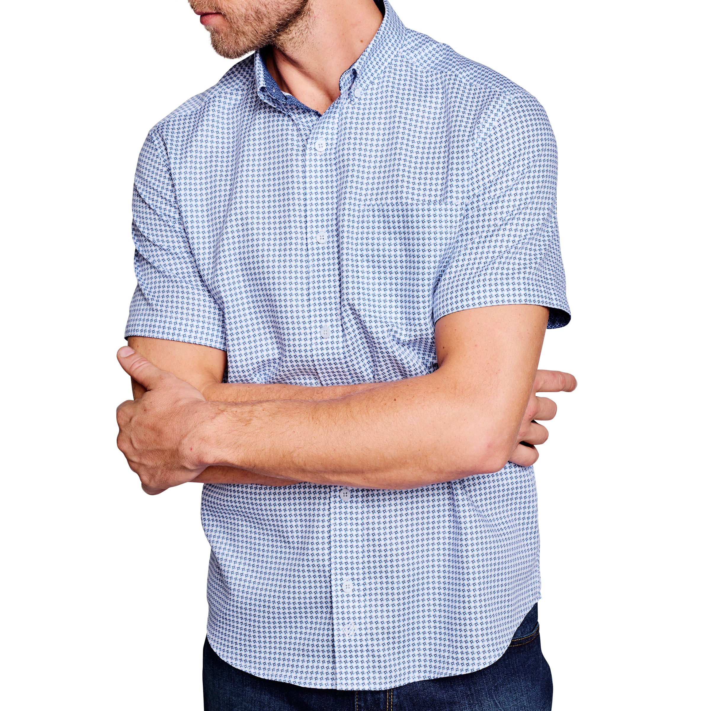 Wholesale,Johnston & Murphy, Johnston & Murphy Sky Blue Geo Print Short Sleeve Button Up Shirt, Blue, Large-47-TagL
