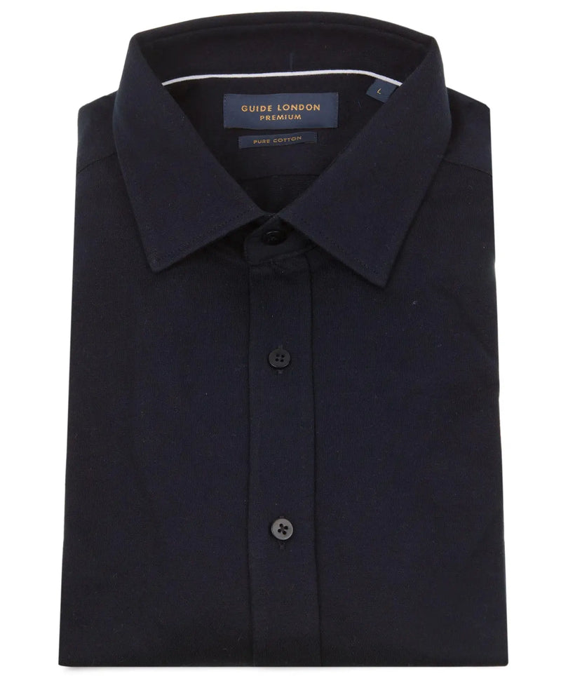 Guide London Navy Pique Knit Long Sleeve Button Up