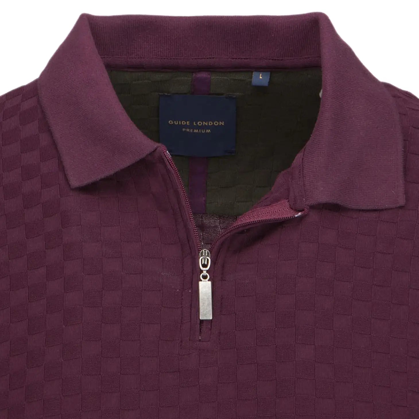 Faire,Guide London, Guide London Plum Purple Tonal Check Pattern Texture Front Zip Long Sleeve Polo, Purple, Extra Large-44-TagXL