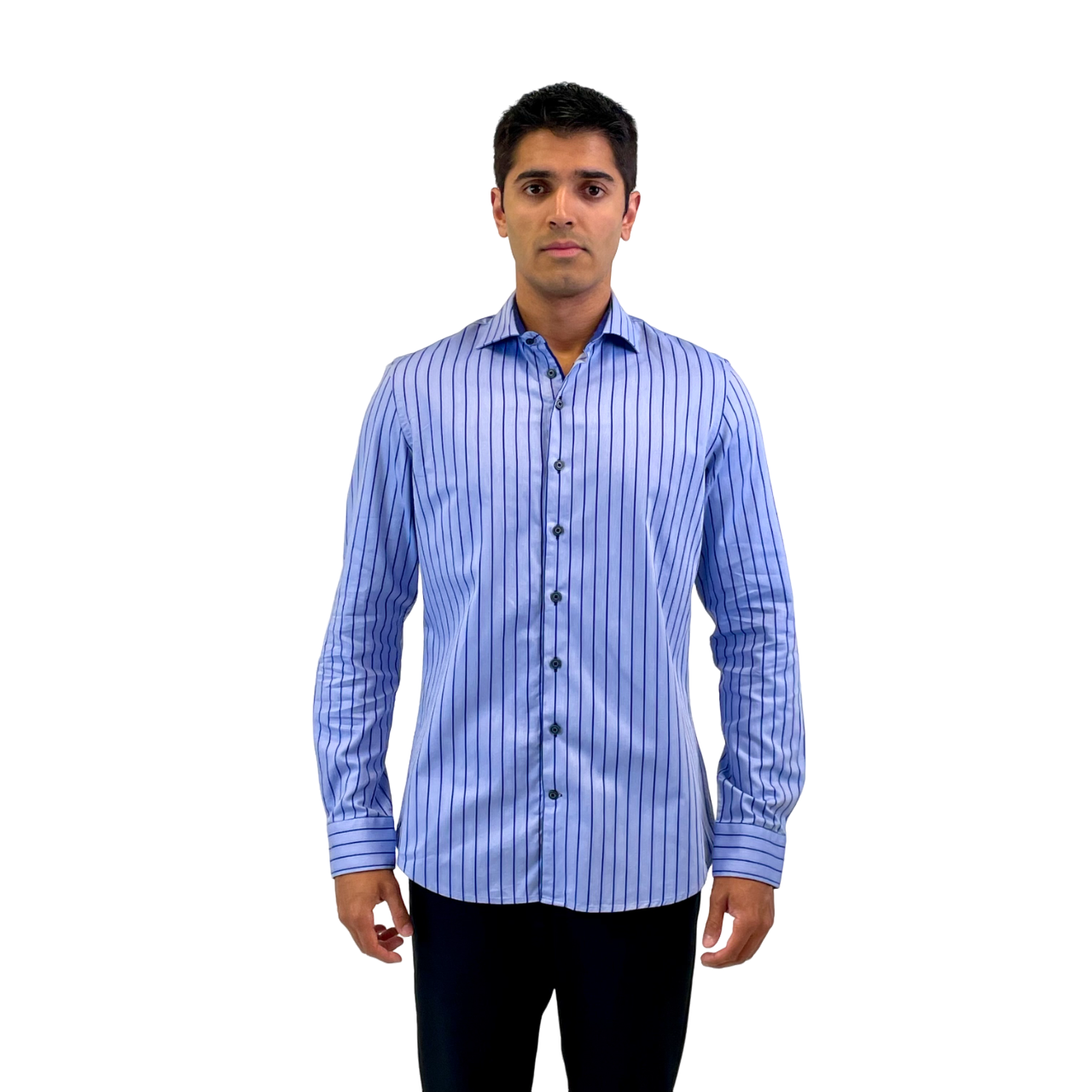Brand Partner,R2 Amsterdam, R2 Amsterdam Blue Stripe Print Twill Long Sleeve Button Up Shirt, Blue, Medium-43-Tag41