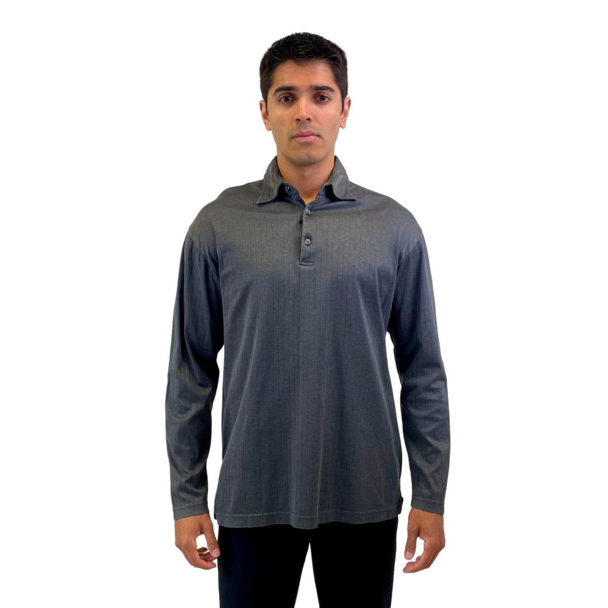 The RealReal,Canali, Canali Charcoal Grey Stripe Textured Knit Button Up Long Sleeve Polo, Grey, Large-44-TagL