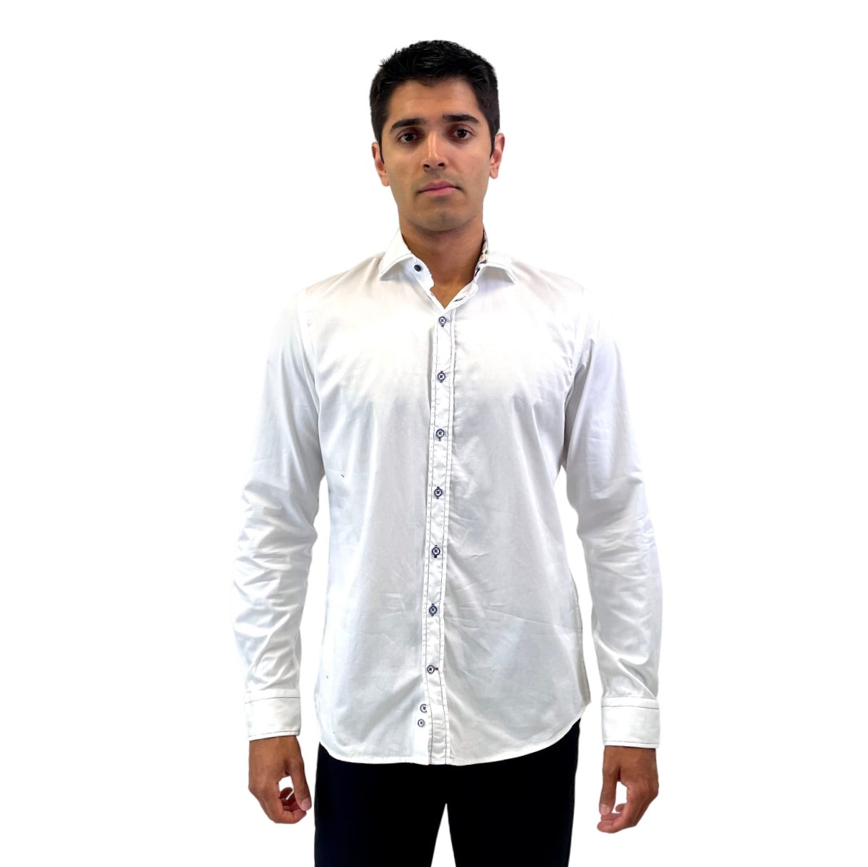 Brand Partner,R2 Amsterdam, R2 Amsterdam White Long Sleeve Button Up Shirt with Rainbow Stitching and Paint Contrast at Collar, White, Medium-42-Tag40