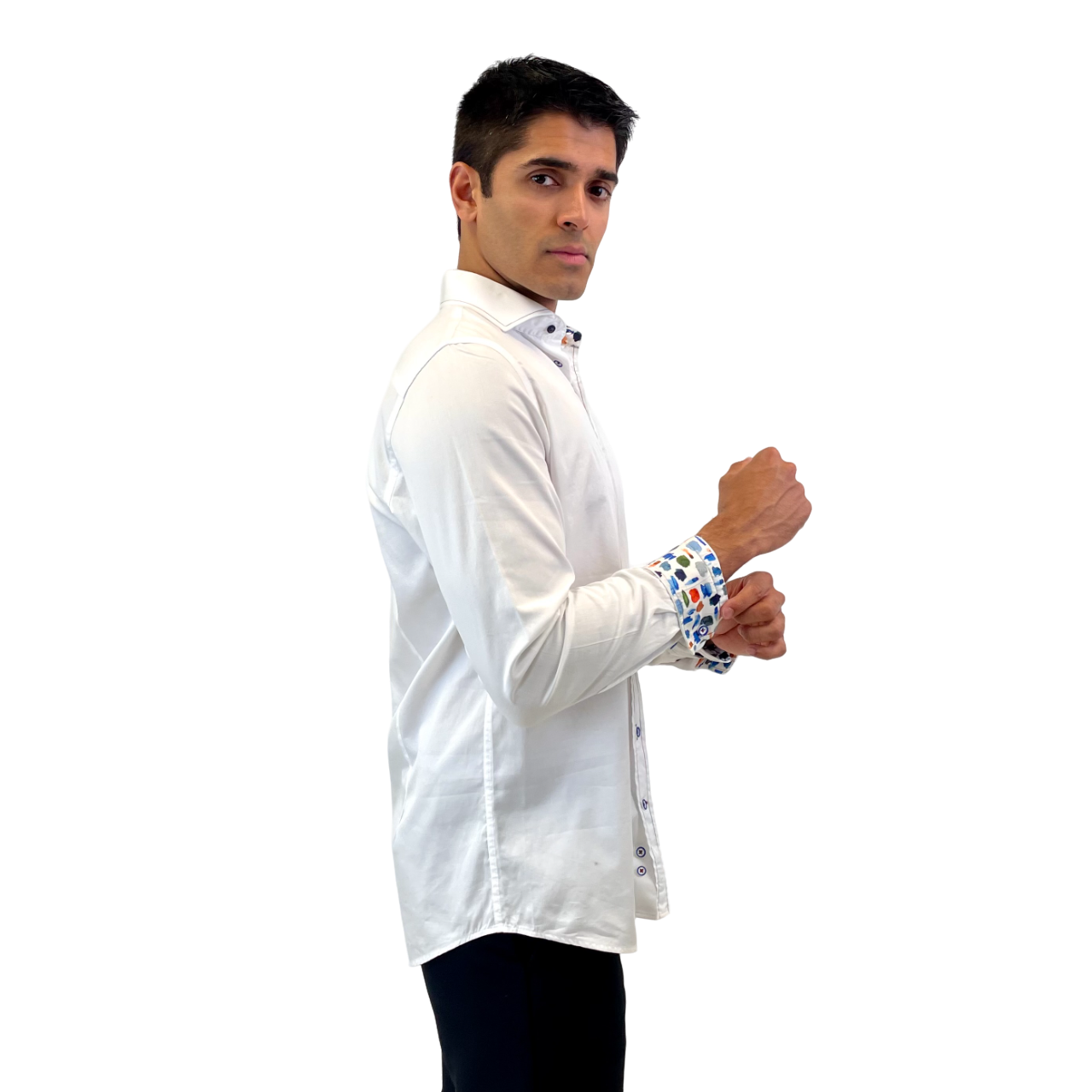 Brand Partner,R2 Amsterdam, R2 Amsterdam White Long Sleeve Button Up Shirt with Rainbow Stitching and Paint Contrast at Collar, White, Medium-42-Tag40