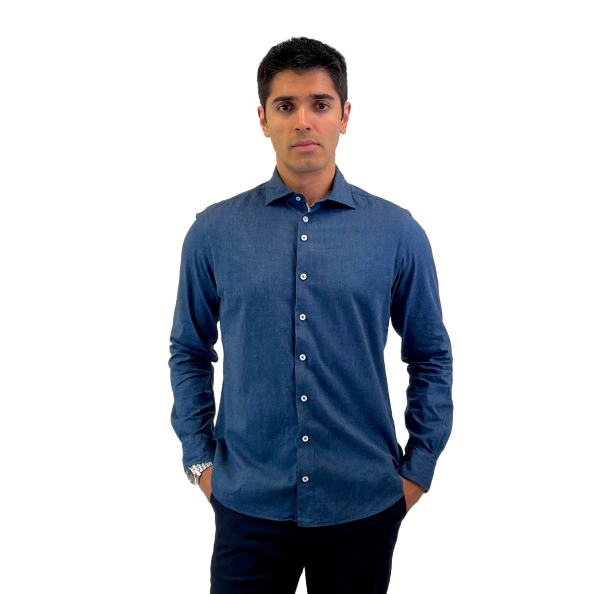Brand Partner,R2 Amsterdam, R2 Amsterdam Navy Long Sleeve Button Up Shirt, Blue, Medium-42-Tag40