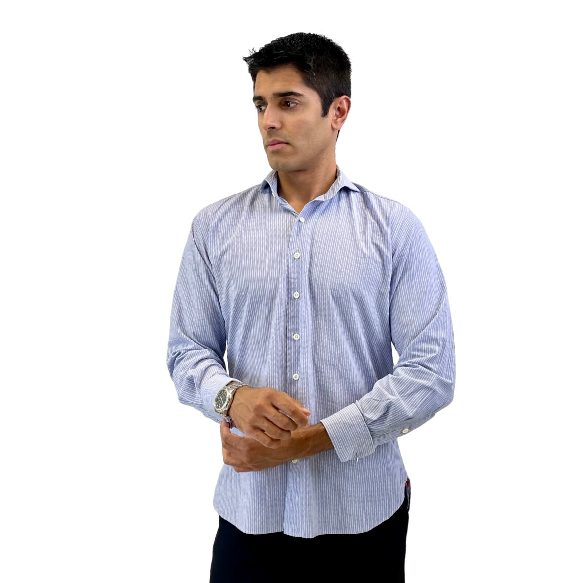 RealReal,Phineas Cole, Phineas Cole Lavender Striped Dress Shirt with One-Button Mitered Cuffs, Purple, Medium-43-Tag43