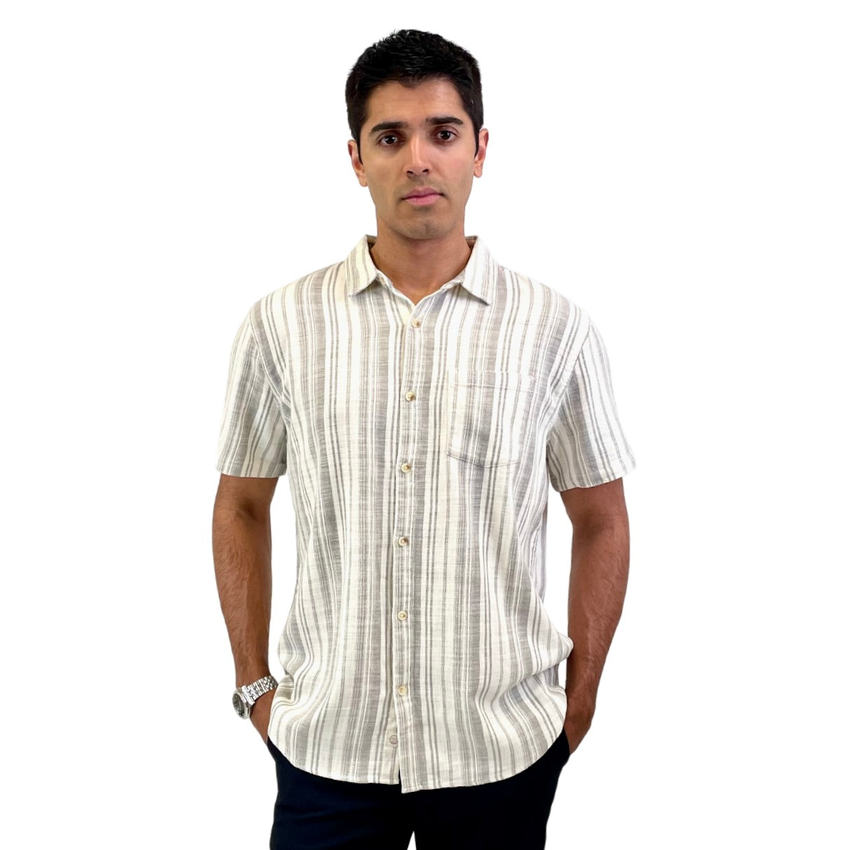 Wholesale,Marine Layer, Marine Layer Cream/Grey Stripped Stretch Short Sleeve Shirt, Cream, Small-40-TagSMedium-43-TagMLarge-46-TagLExtra Large-49-TagXLExtra Extra Large-52-TagXXL