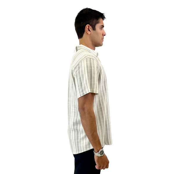 Marine Layer Cream/Grey Stripped Stretch Short Sleeve Shirt