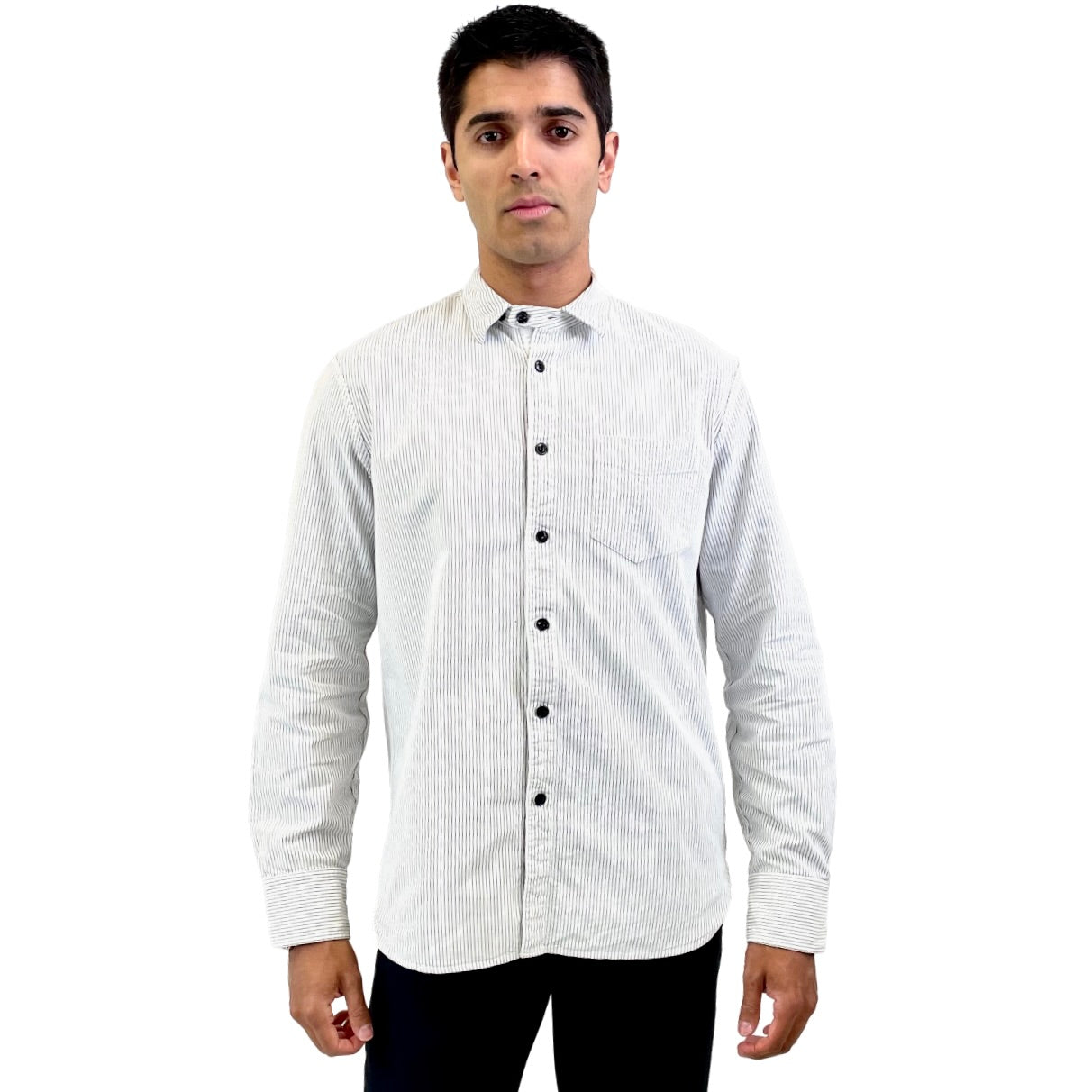 The RealReal,Rag & Bone, Rag & Bone White With Grey Vertical Striped Button Up Shirt With Front Chest Pocket, White, Medium-44-TagL