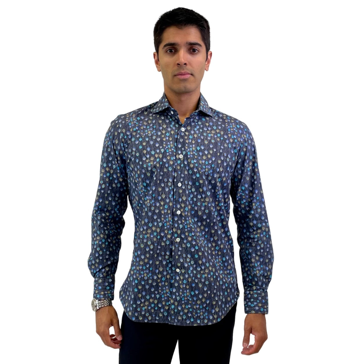RealReal,Burdi, Burdi Blue Peacock Tail Print Long Sleeve Dress Shirt with One-Button Rounded Cuffs, Blue, Medium-42-TagM