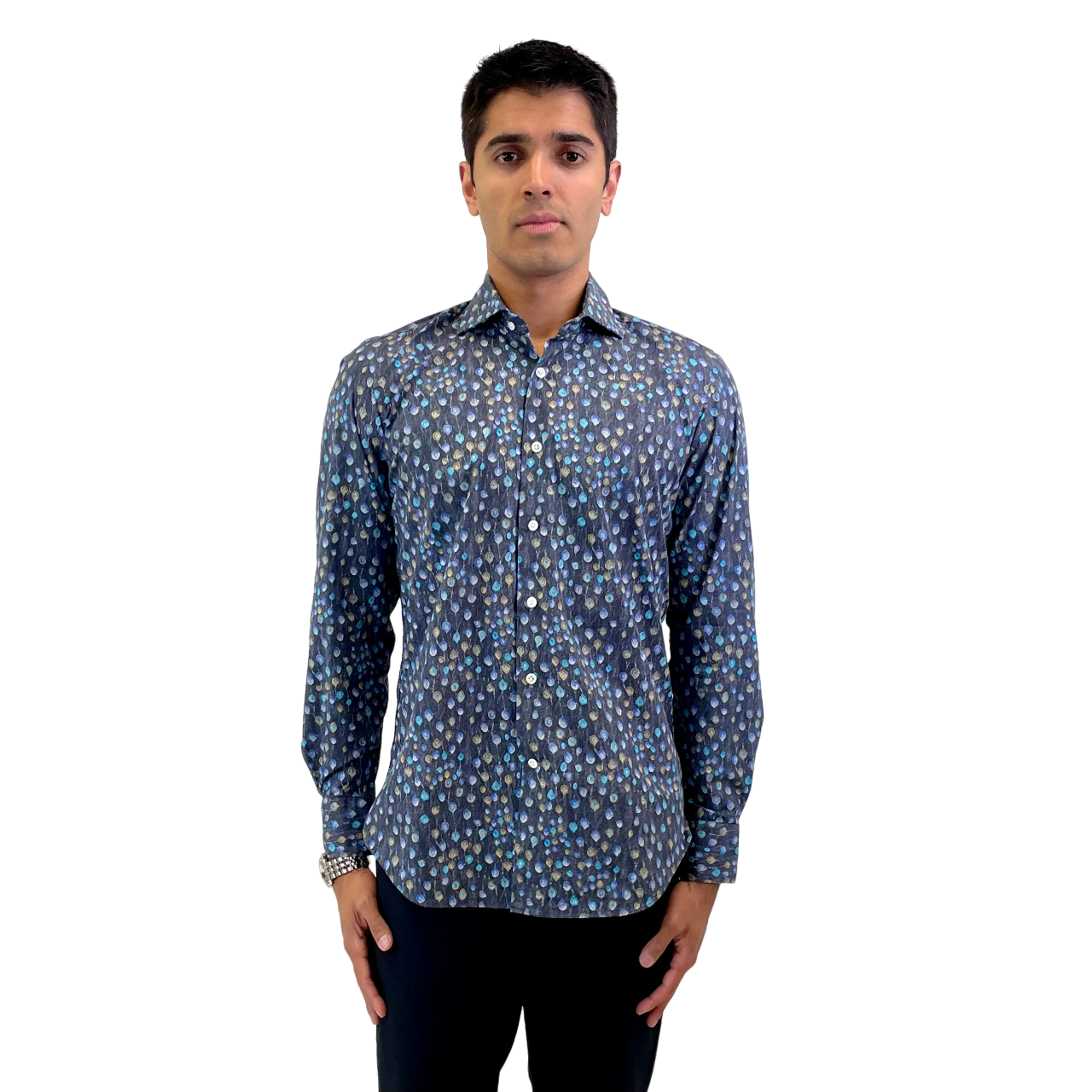 RealReal,Burdi, Burdi Blue Peacock Tail Print Long Sleeve Dress Shirt with One-Button Rounded Cuffs, Blue, Medium-42-TagM