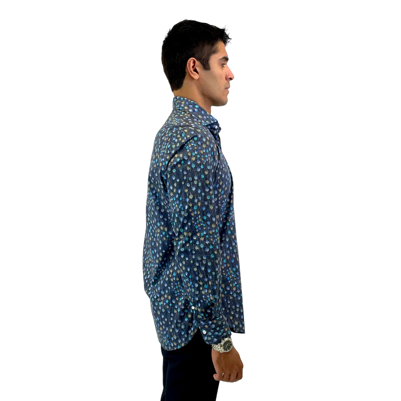 RealReal,Burdi, Burdi Blue Peacock Tail Print Long Sleeve Dress Shirt with One-Button Rounded Cuffs, Blue, Medium-42-TagM