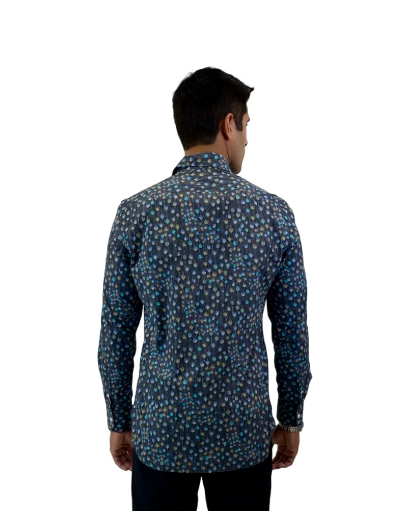 RealReal,Burdi, Burdi Blue Peacock Tail Print Long Sleeve Dress Shirt with One-Button Rounded Cuffs, Blue, Medium-42-TagM