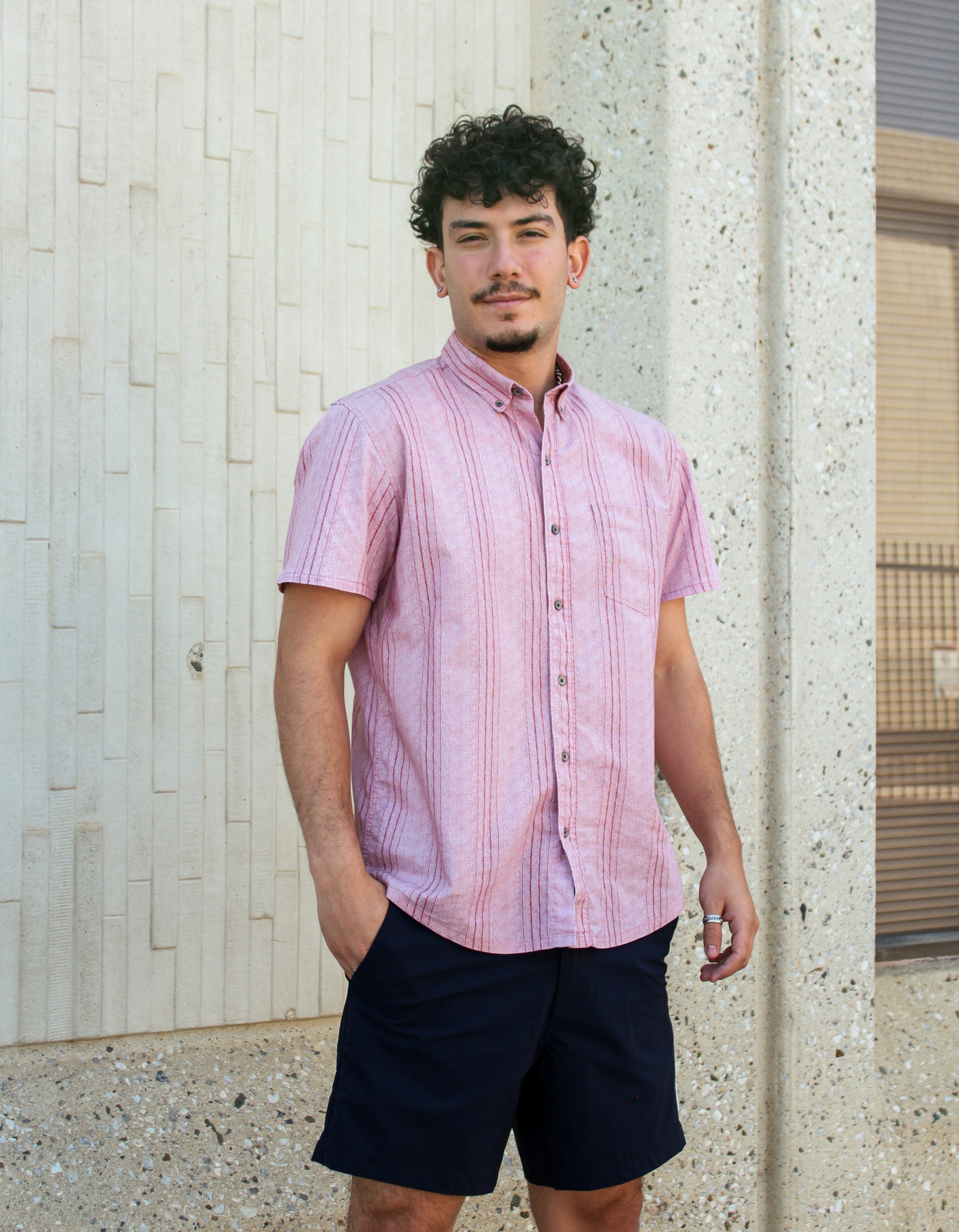 W.R.K., W.R.K Reworked Red Vertical Stripe Short Sleeve Shirt, Red, Extra Large-46-TagXLLarge-44-TagLMedium-42-TagM