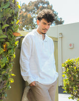 Public Beach White Linen Blend Long Sleeve Shirt with Hood