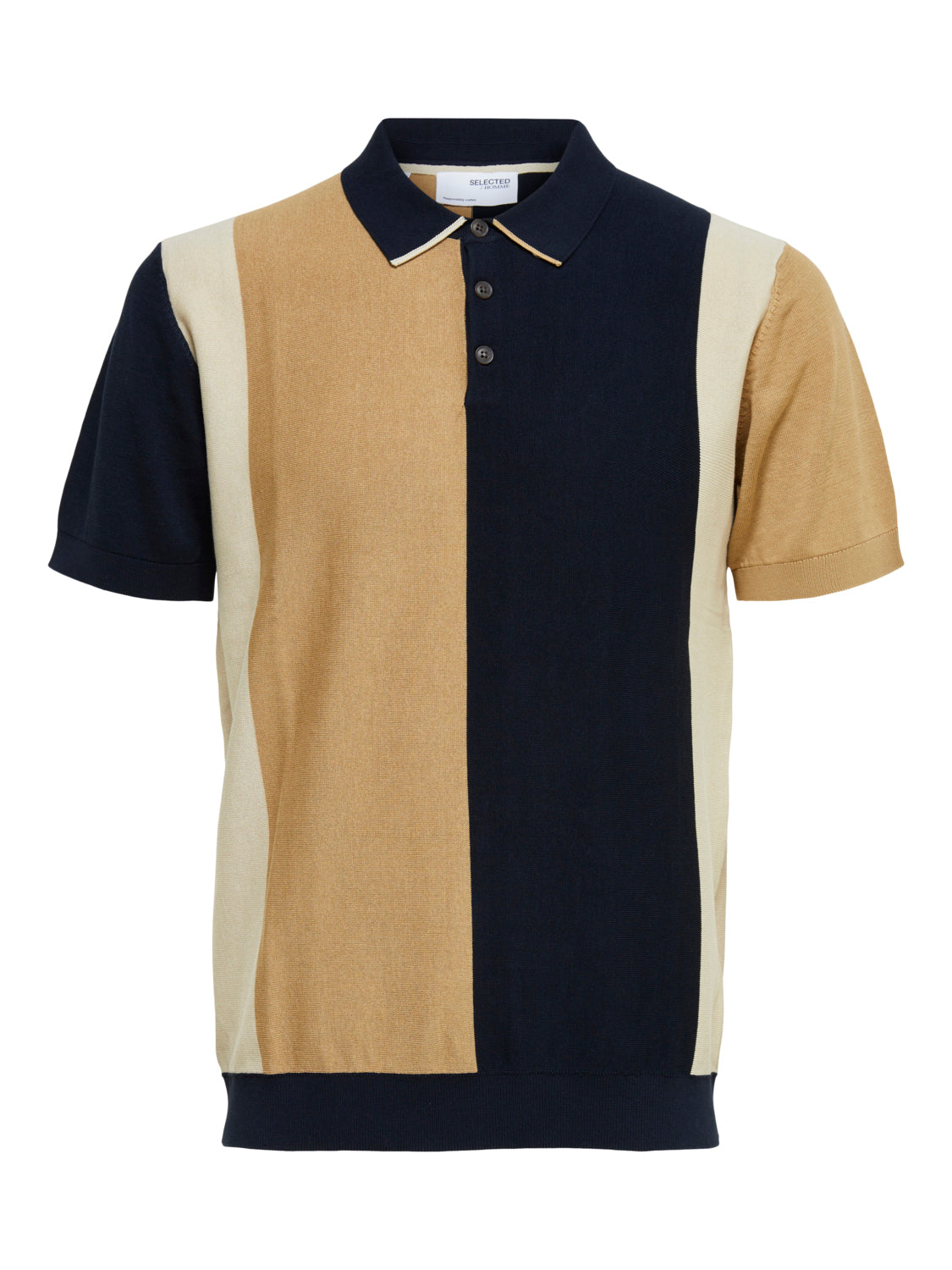 Wholesale ,Selected Homme, Selected Homme Navy And Beige Colorblock Knit Button Up Short Sleeve Polo, Tan, Extra Extra Large-46-TagXXL