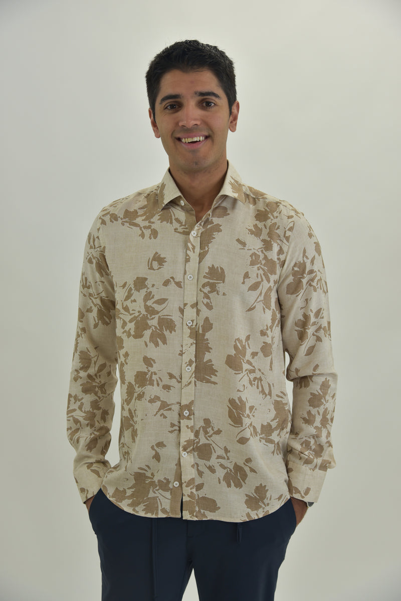 Jakamen Tan With Brown Leaf Print Long Sleeve Button Up Shirt
