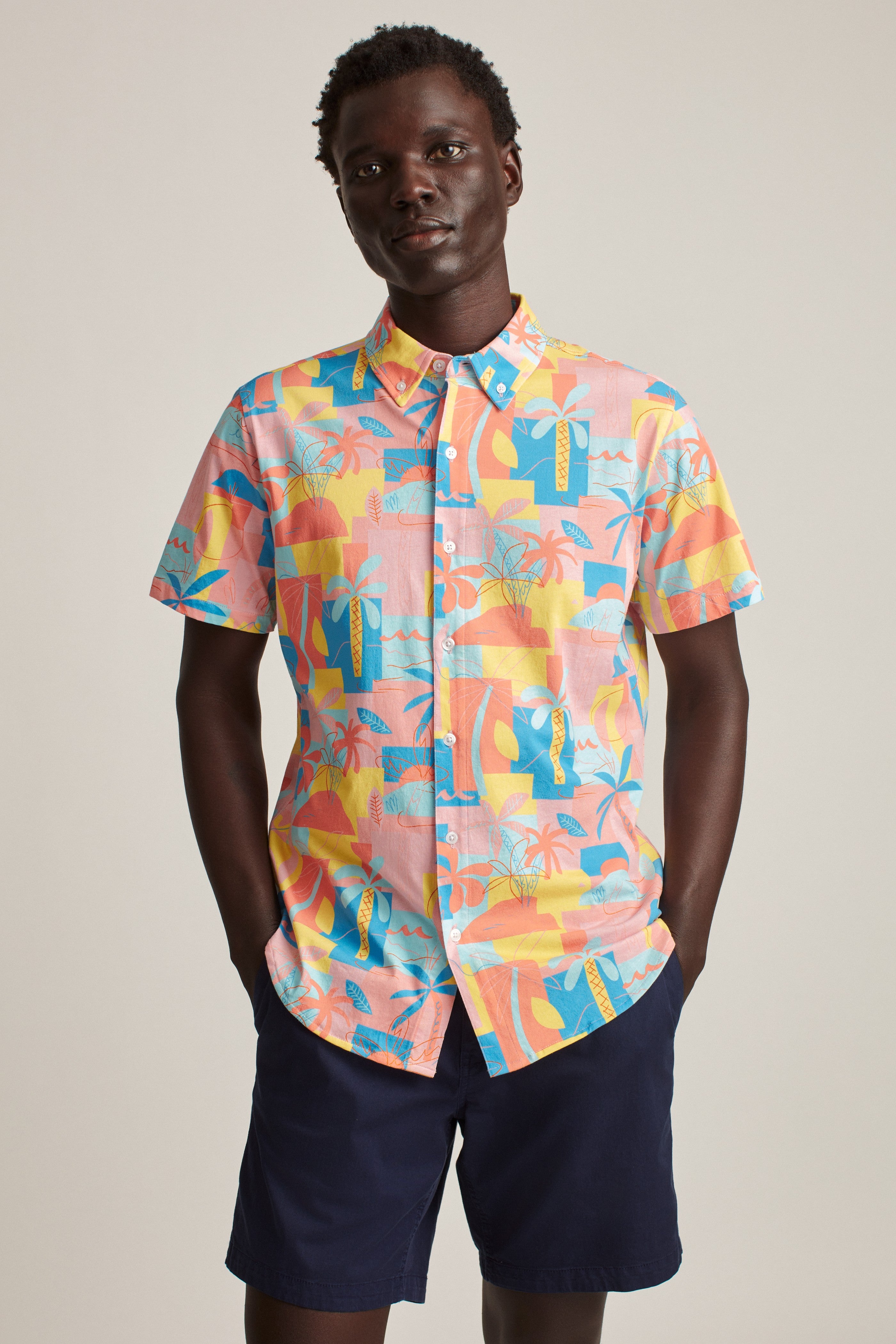 Wholesale,Bonobos, Bonobos Multi-Color Island Time Jersey Short Sleeve Shirt, Orange, Extra Large-49-TagXL