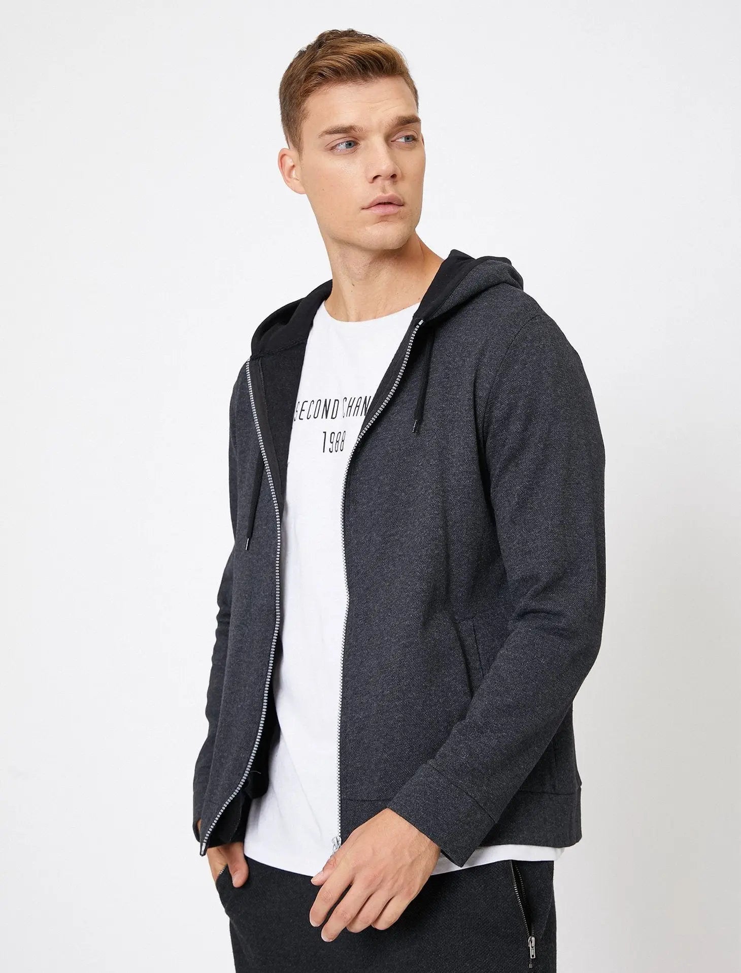Faire,Koton, Koton Charcoal Textured Full Zip Hoodie, Grey, Medium-42-TagL