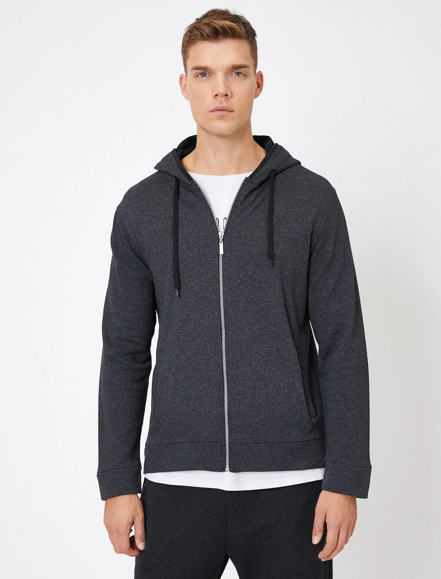 Faire,Koton, Koton Charcoal Textured Full Zip Hoodie, Grey, Medium-42-TagL