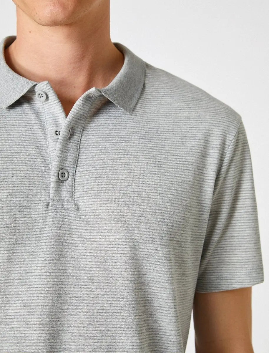 Faire,Koton, Koton Light Grey Micro Stripe Jersey Knit Short Sleeve Polo, Grey, Extra Large-46-TagXXL