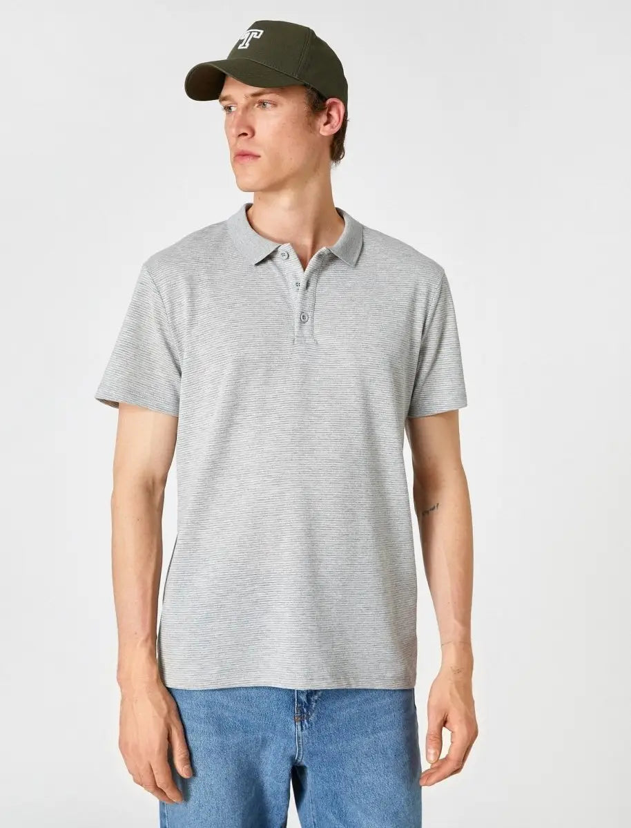 Faire,Koton, Koton Light Grey Micro Stripe Jersey Knit Short Sleeve Polo, Grey, Extra Large-46-TagXXL