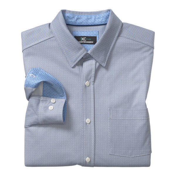 Johnston & Murphy Navy & White Geo Print XC Flex Stretch Long Sleeve Button Up Shirt