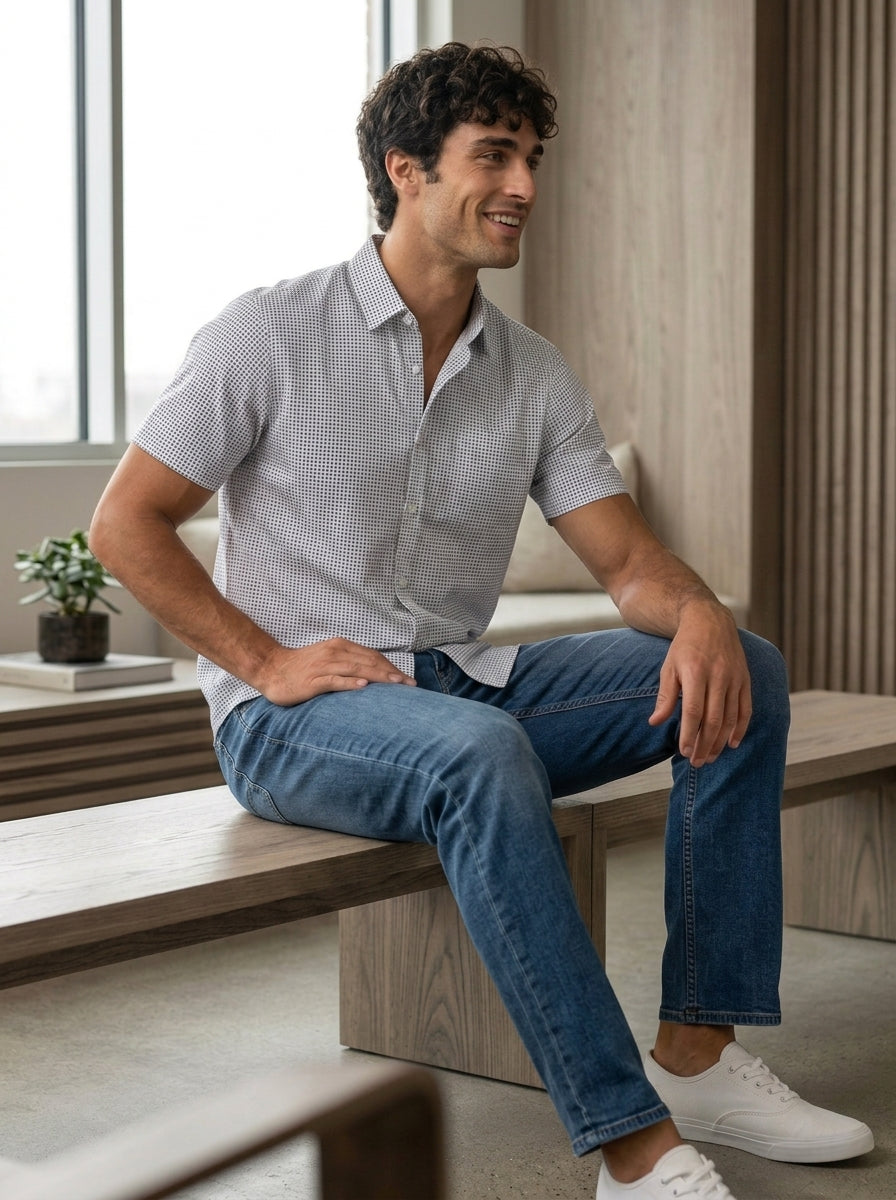 Wholesale,Mizzen + Main, Mizzen + Main Blue Geo Twill Print No-Tuck Trim Shirt, Blue, Large-46-TagL