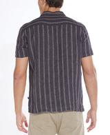 Civil Society Black Striped Cotton/Linen Blend Short Sleeve Resort Shirt