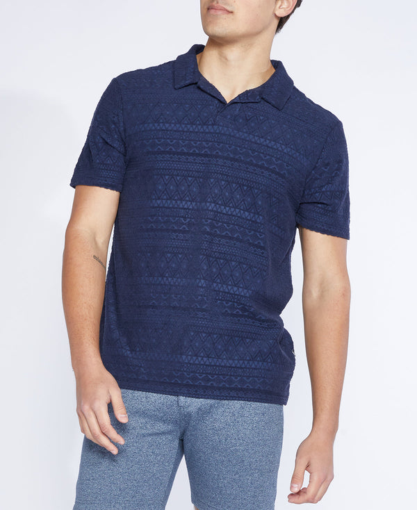 Civil Society Navy Jacquard Short Sleeve Resort Polo