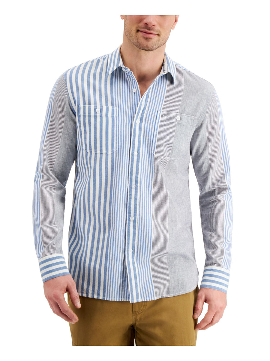 Bobbi + Bricka, Sun + Stone Blue Variegated Stripe Button Up Shirt, Blue, Medium-42-TagM