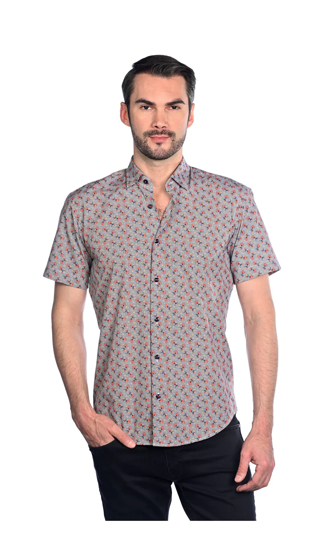 Wholesale,Mizumi, Mizumi Navy/Orange Grid with Abstract Printed Shirt, Blue, Medium-43-TagM