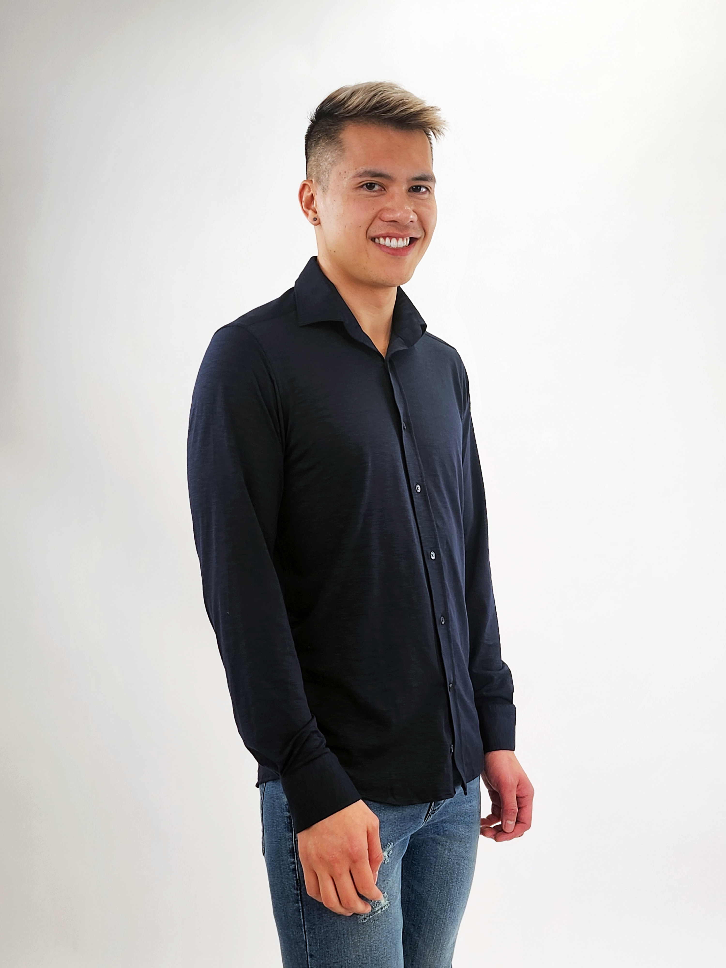 Brand Partner,International Report, Jakamen Navy Knit Long Sleeve Button Up Shirt, Blue, Extra Extra Large-48-TagXXLExtra Large-45-TagXLLarge-43-TagLLarge-44-TagLMedium-42-TagMMedium-40-TagSSmall-38-TagS
