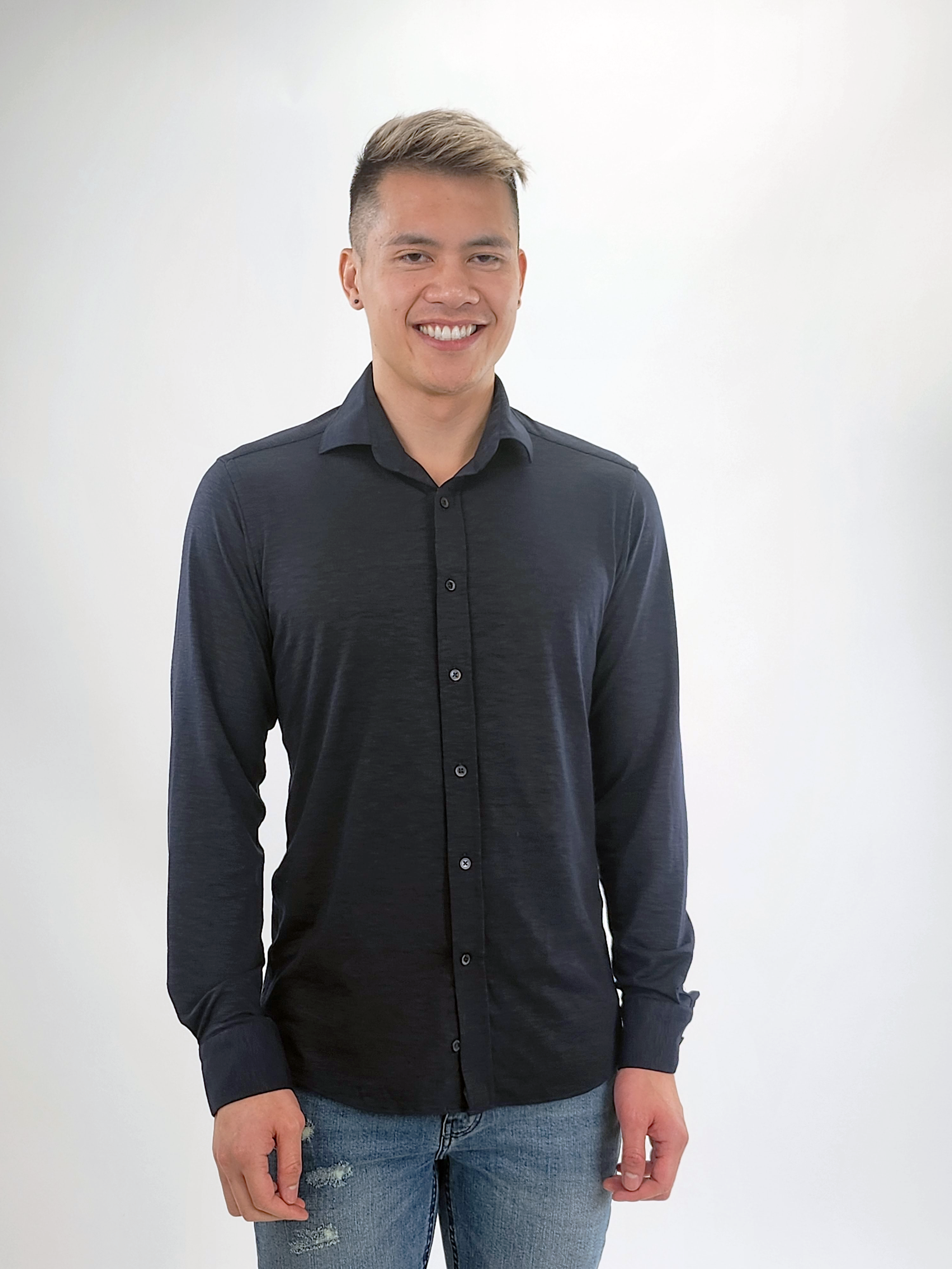 Brand Partner,International Report, Jakamen Navy Knit Long Sleeve Button Up Shirt, Blue, Extra Extra Large-48-TagXXLExtra Large-45-TagXLLarge-43-TagLLarge-44-TagLMedium-42-TagMMedium-40-TagSSmall-38-TagS