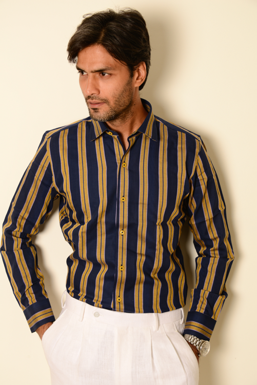 Taelor.Style, Sons + Fathers Navy Block Stripe Button Up Shirt, Blue, Medium-43-TagM