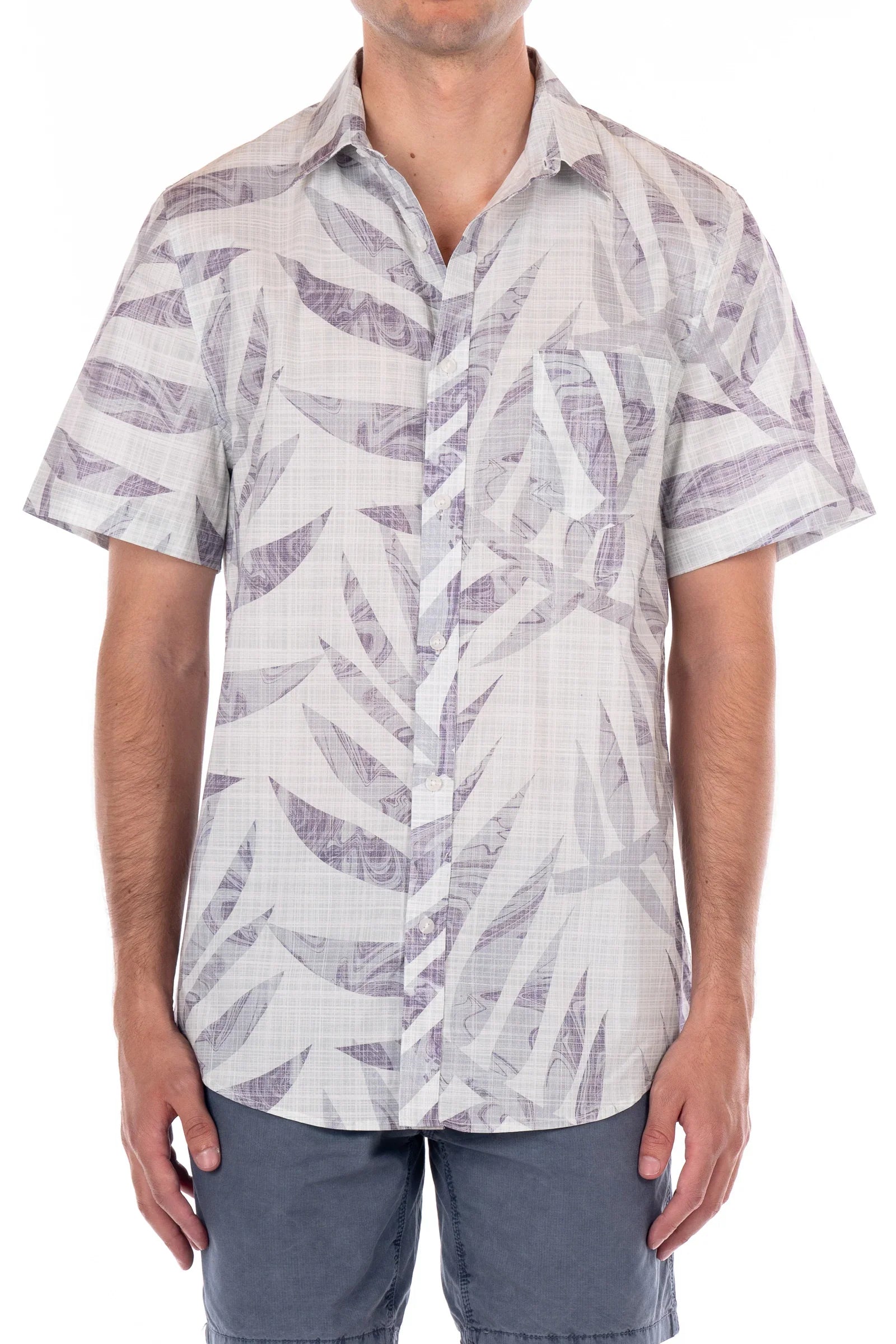 Wholesale,Original Paperbacks, Original Paperbacks Aqua Green With Grey Leaf Print Short Sleeve Button Up Shirt, Green, Medium-42-TagM