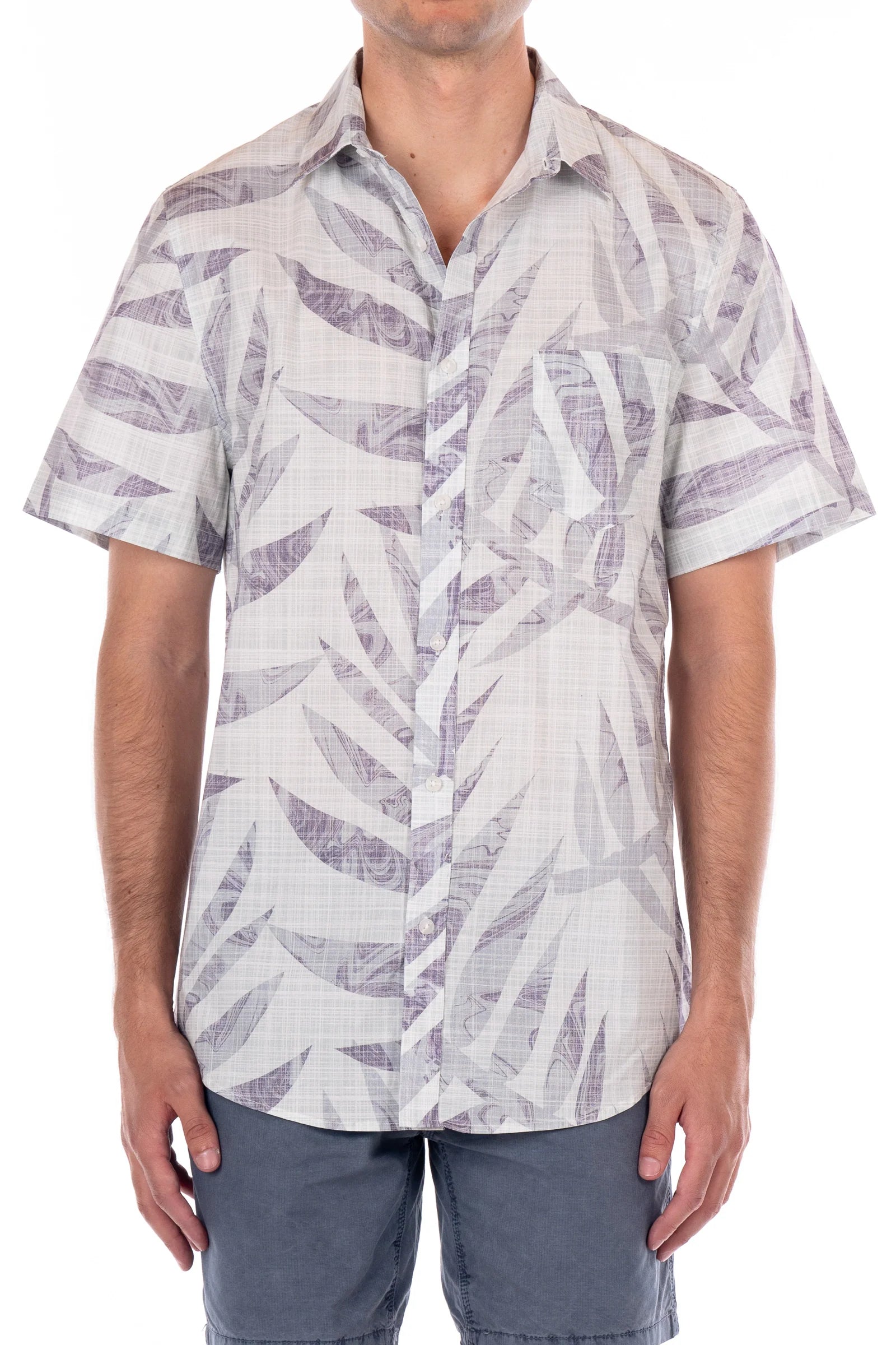 Wholesale,Original Paperbacks, Original Paperbacks Aqua Green With Grey Leaf Print Short Sleeve Button Up Shirt, Green, Small-40-TagS