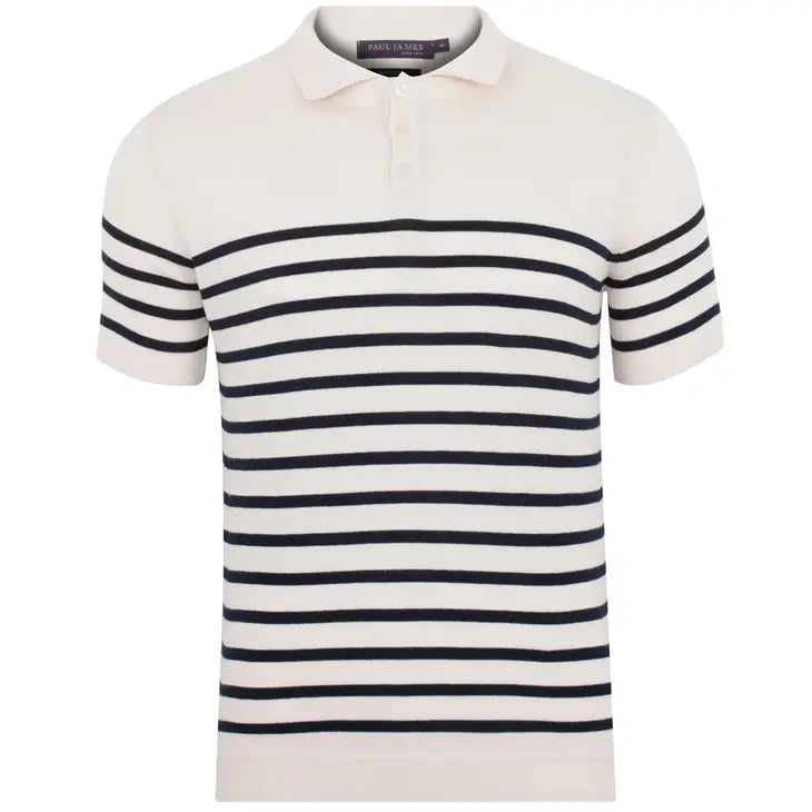 Faire,Paul James, Paul James Cream & Navy Breton Striped Shortsleeve Polo, Cream, Medium-42-TagM