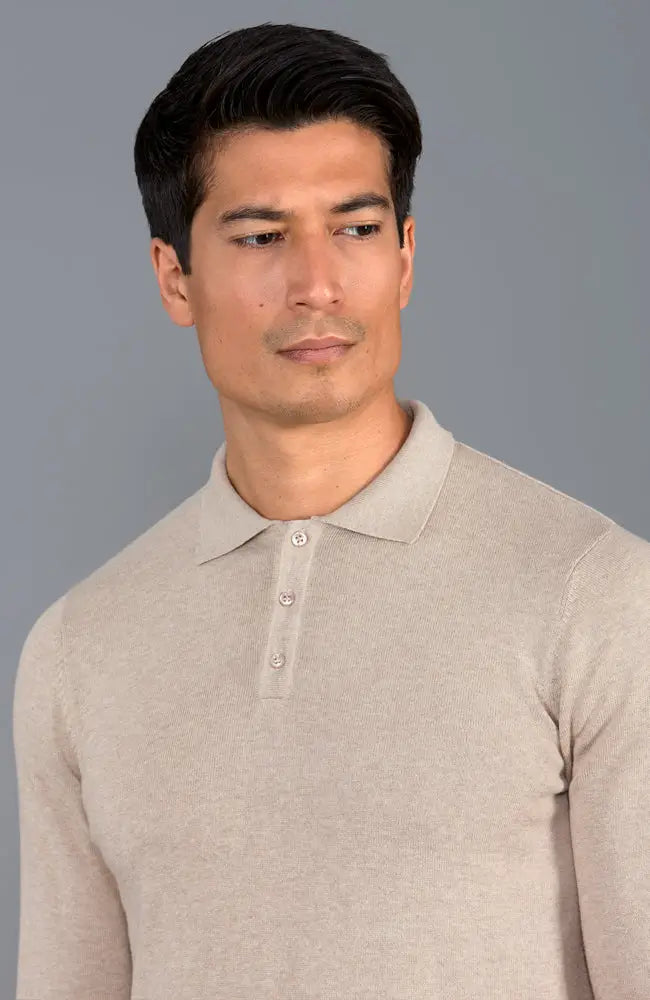 Paul James Tan Knit Button Up Longsleeve Polo