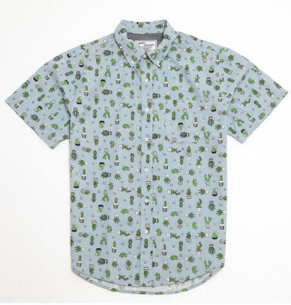 Modern Liberation Light Blue Cactus Print Button Up Shortsleeve Shirt