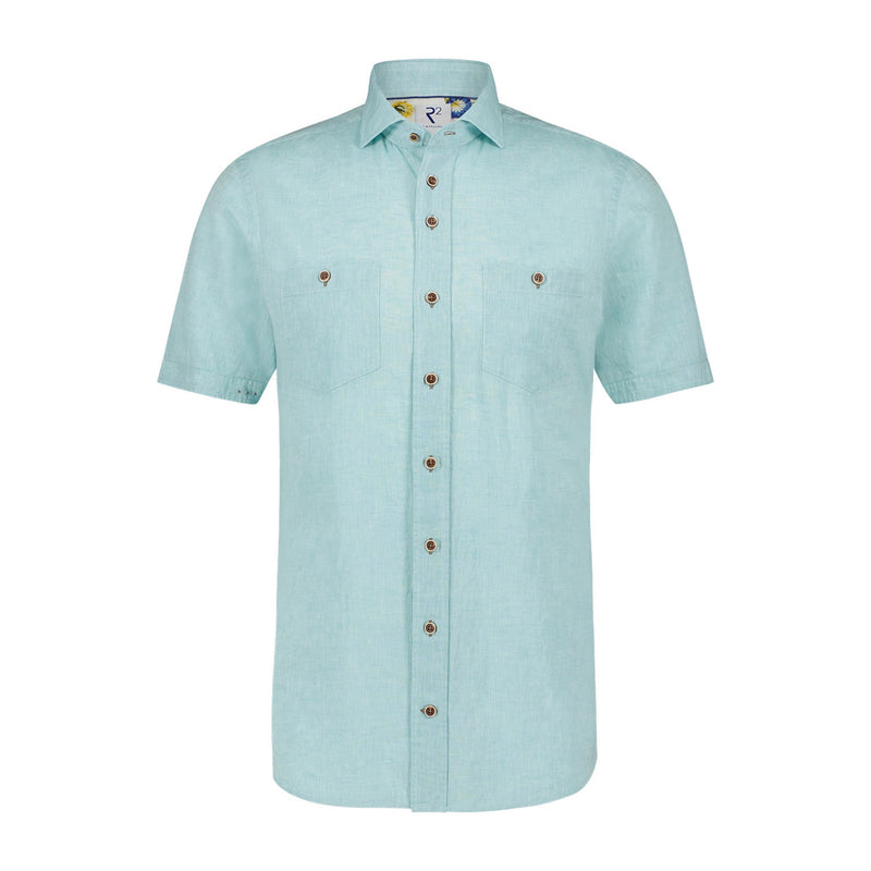 R2 Amsterdam Aqua Green Linen Blend Short Sleeve Button Up Shirt
