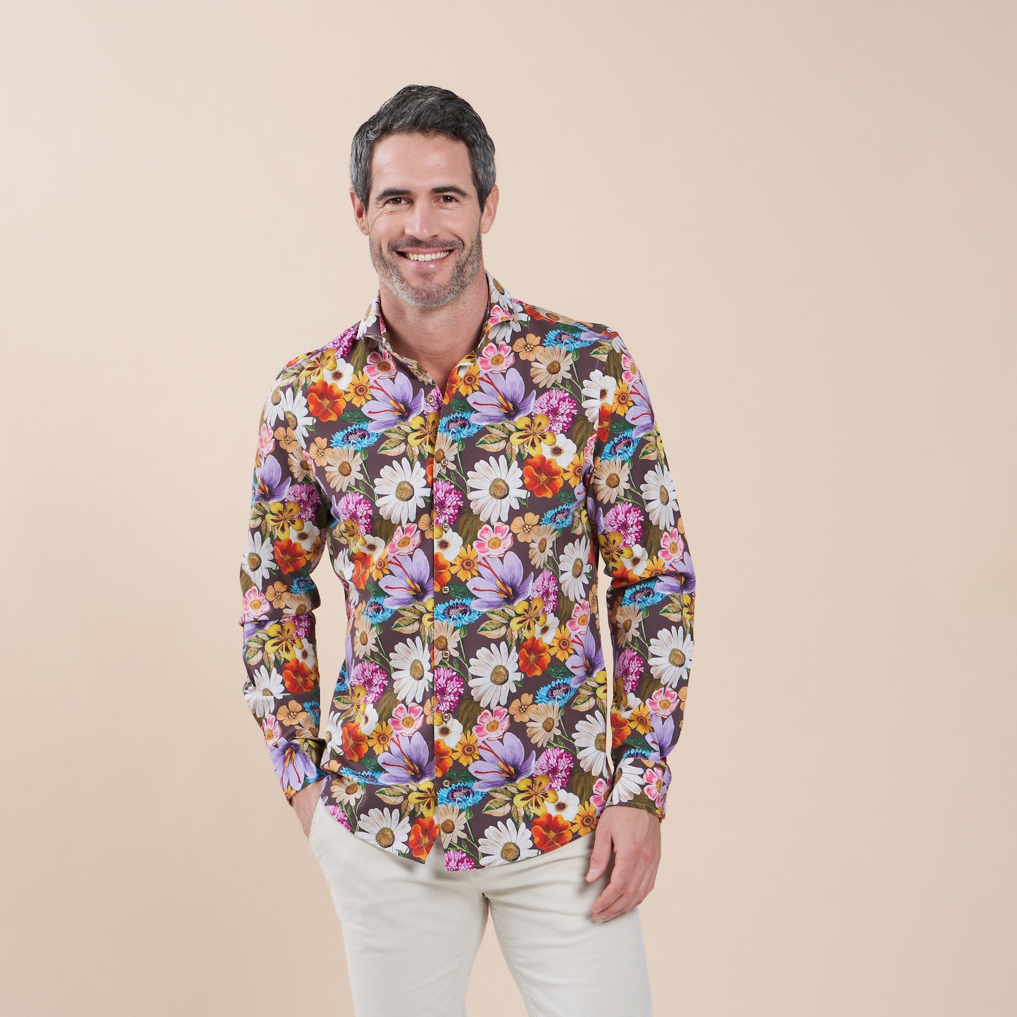 Brand Partner,R2 Amsterdam, R2 Amsterdam Brown With Colorful Flower Print Long Sleeve Button Up Shirt, Brown, Small-42-TagS