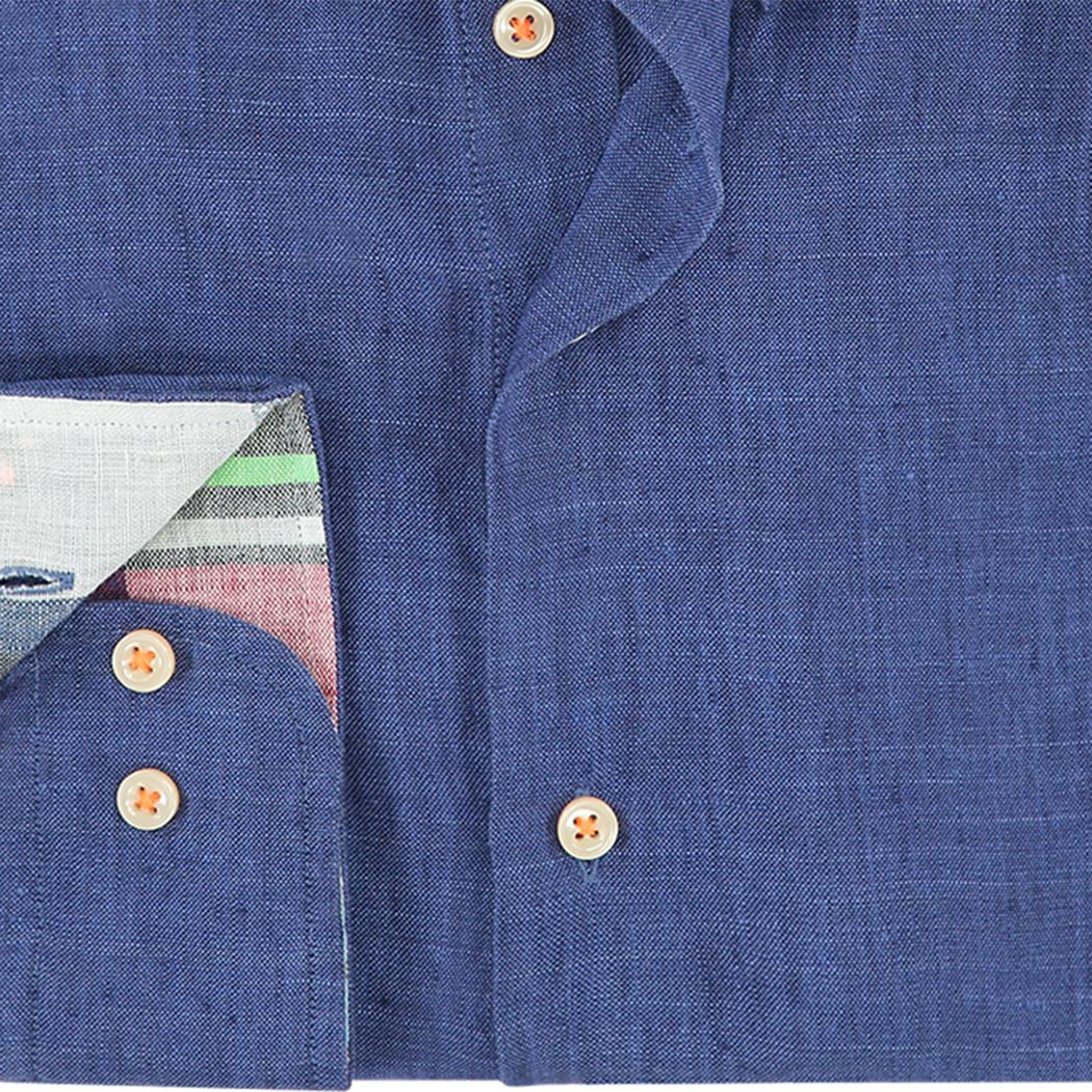 Brand Partner,R2 Amsterdam, R2 Amsterdam Dark Blue Linen Long Sleeve Button Up Shirt With Contrast Collar And Cuff Detail, Blue, Large-45-TagL