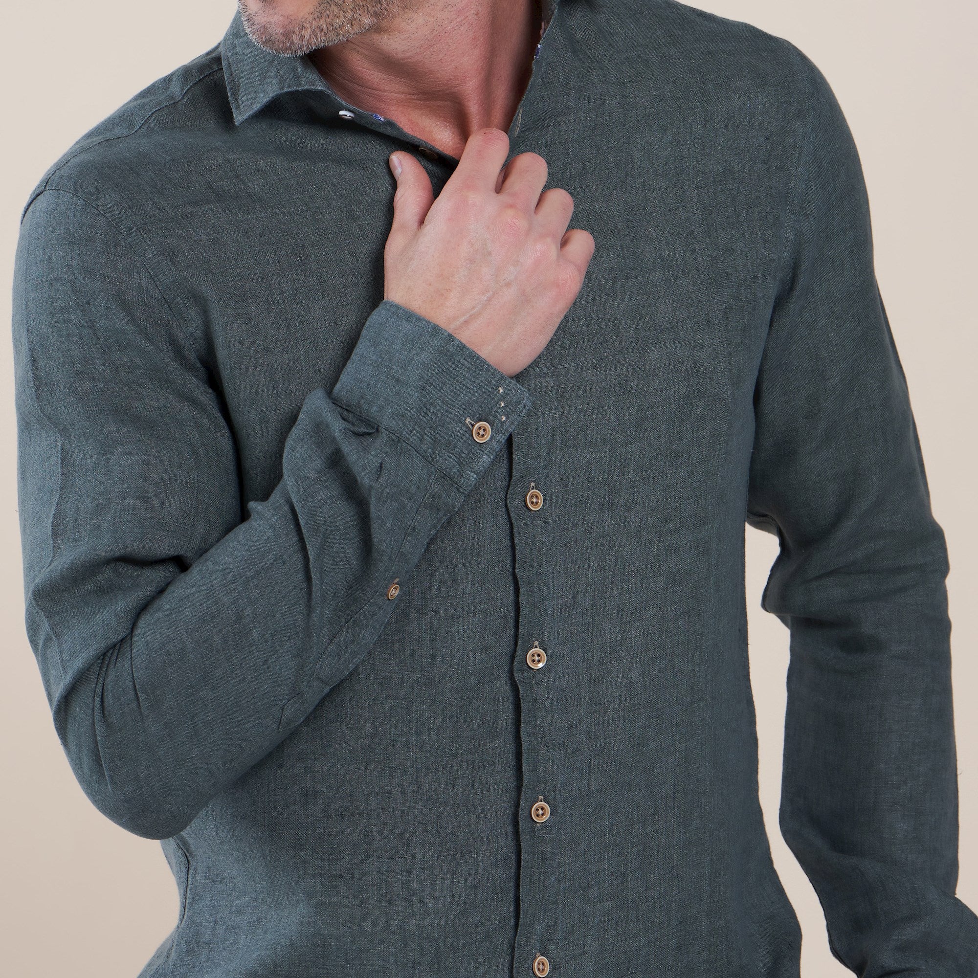 Brand Partner,R2 Amsterdam, R2 Amsterdam Dark Olive Green Linen Long Sleeve Button Up Shirt, Green, Extra Extra Large-57-TagXXL
