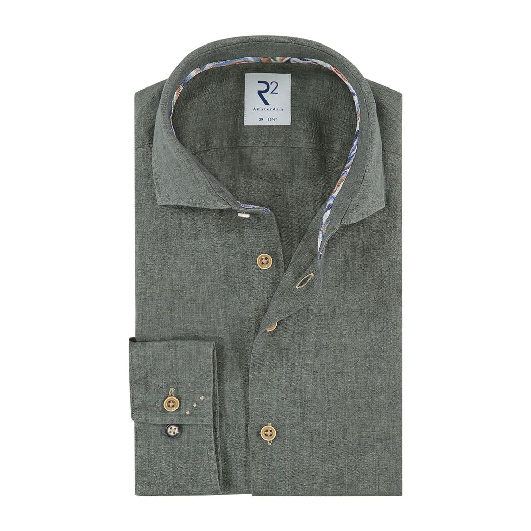 Brand Partner,R2 Amsterdam, R2 Amsterdam Dark Olive Green Linen Long Sleeve Button Up Shirt, Green, Extra Extra Large-55-TagXXL