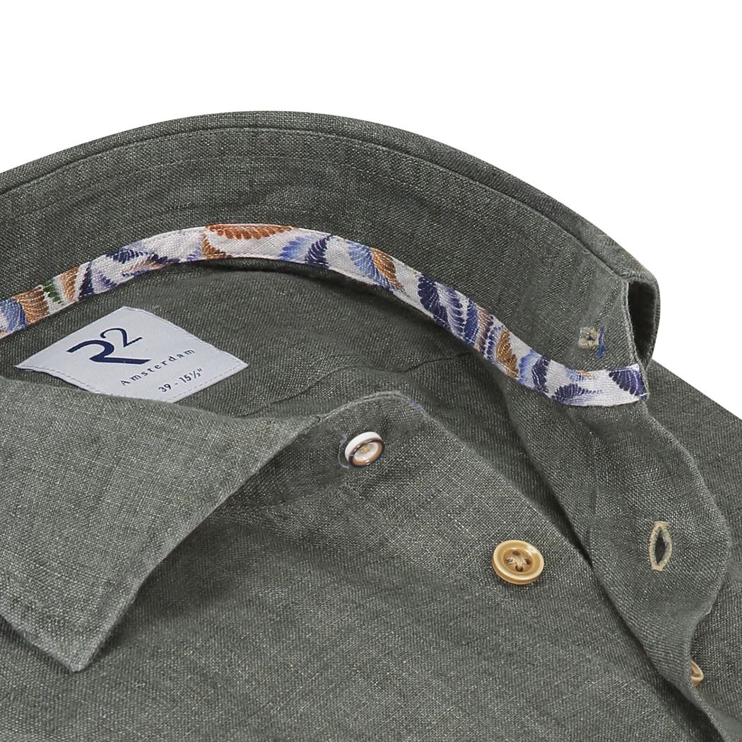 Brand Partner,R2 Amsterdam, R2 Amsterdam Dark Olive Green Linen Long Sleeve Button Up Shirt, Green, Extra Extra Large-57-TagXXL